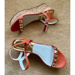 Michael Kors Women Coral Gold Studded Wedge Platform Sandals Ankle Strap Sz 8.5